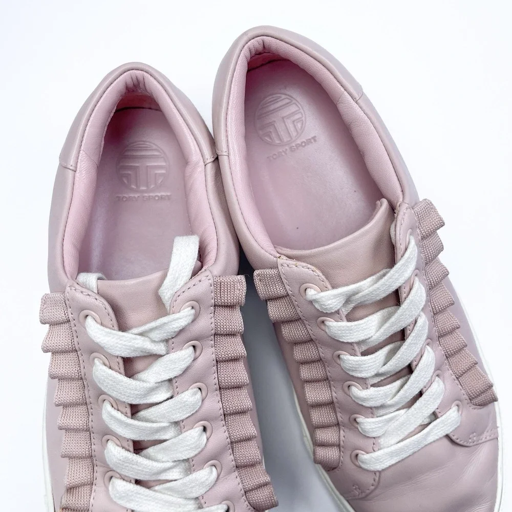 Tory Burch Sport‎ Ruffle Sneakers Women's Sz 8 Pink Leather EUC Preppy Feminine